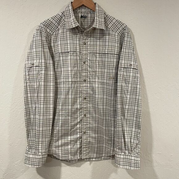 ~ REI Medium Button-Up Hiking Shirt mens brown gray quick dry tech vent stretch~ - Picture 4 of 16